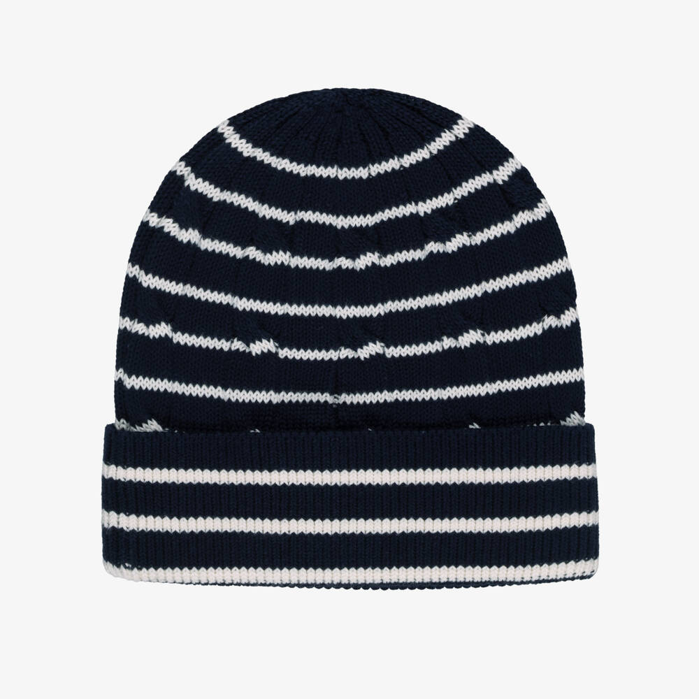 Tommy Hilfiger-Navy & White Striped Cable-Knit Beanie | Childrensalon