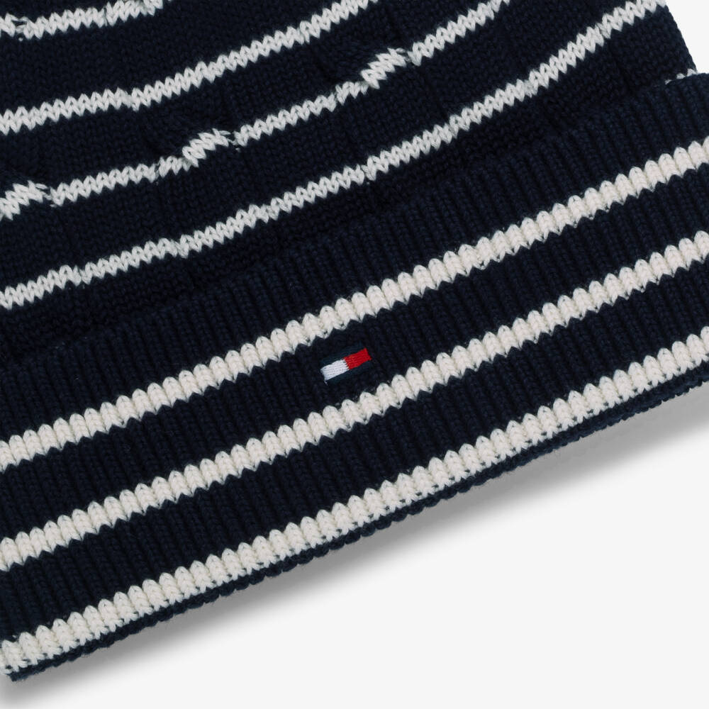Tommy Hilfiger-Navy & White Striped Cable-Knit Beanie | Childrensalon
