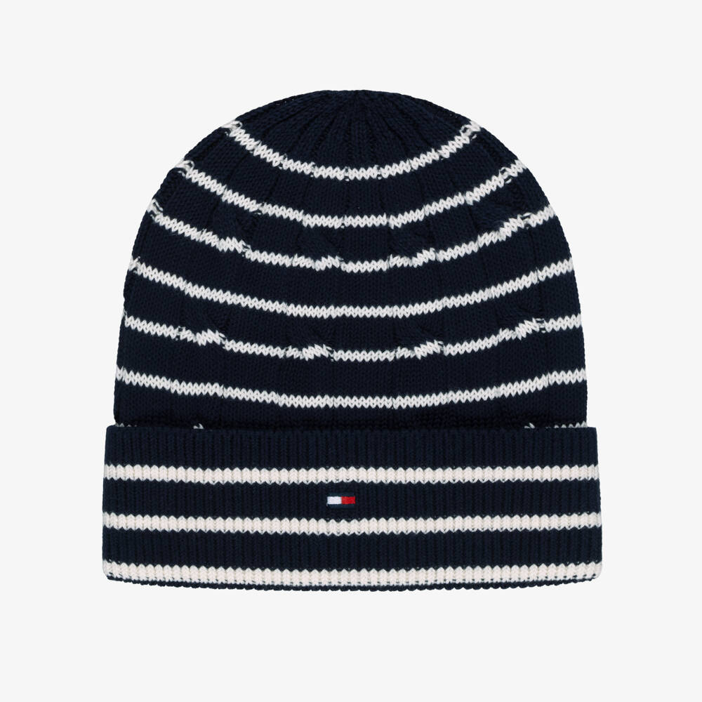 Tommy Hilfiger-Navy & White Striped Cable-Knit Beanie | Childrensalon