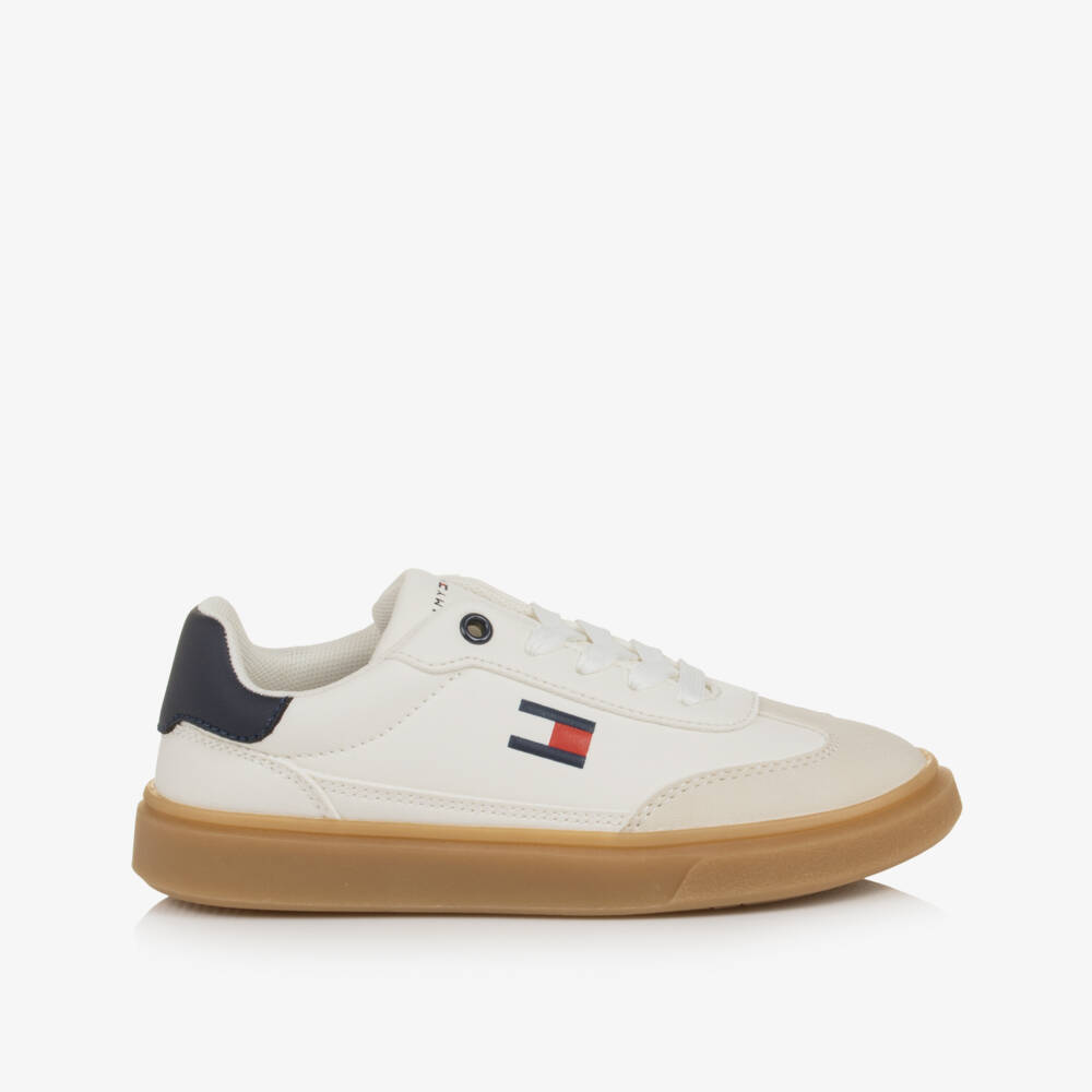 Tommy Hilfiger-Off-White & Beige Flag Trainers with Laces | Childrensalon