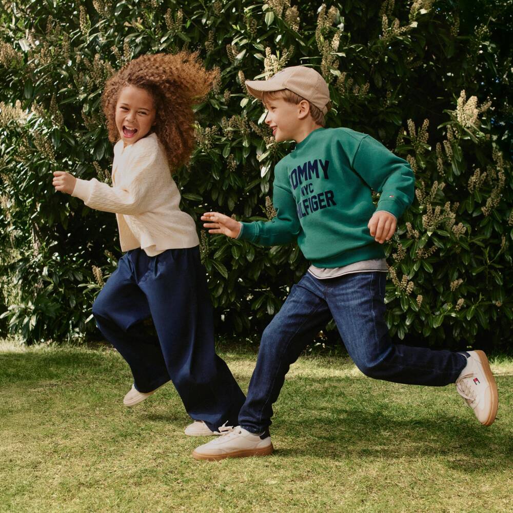 Tommy Hilfiger-Off-White & Beige Flag Trainers with Laces | Childrensalon