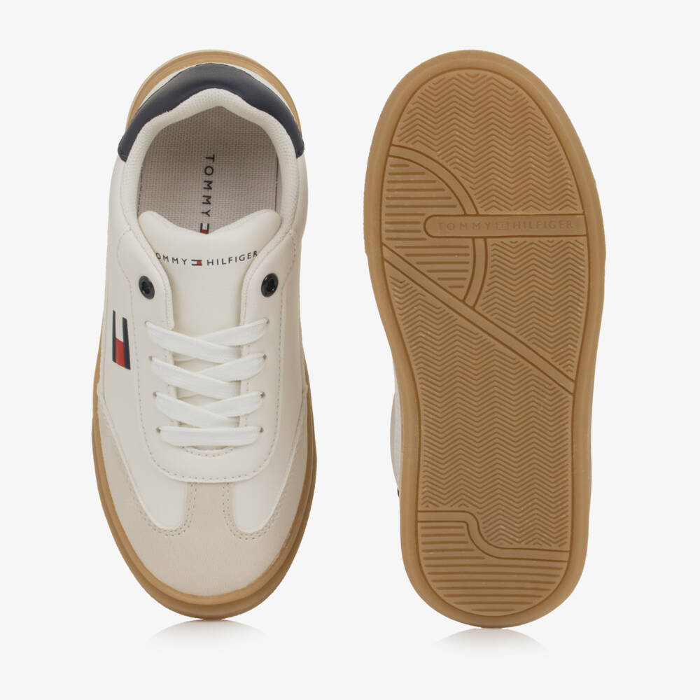 Tommy Hilfiger-Off-White & Beige Flag Trainers with Laces | Childrensalon