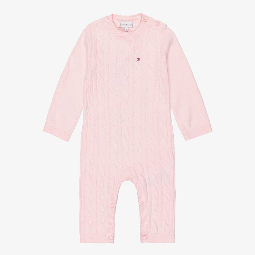 Tommy Hilfiger-Pale Pink Cotton Cable Knit Babygrow | Childrensalon