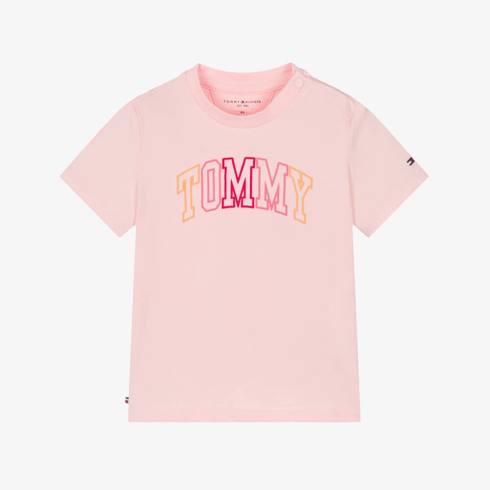 Tommy Hilfiger-Pink Cotton Baby T-Shirt with Varsity Logo | Childrensalon