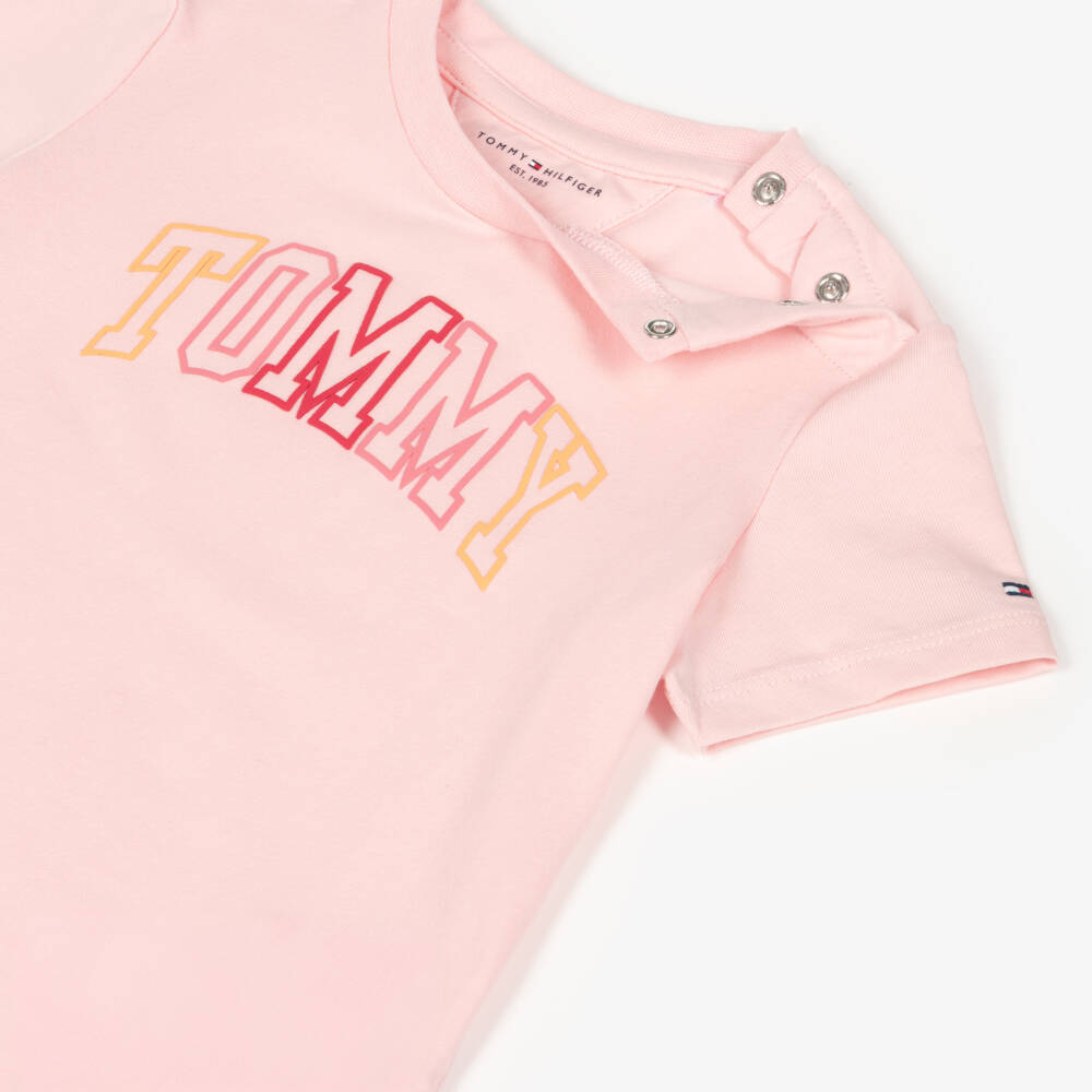 Tommy Hilfiger-Pink Cotton Baby T-Shirt with Varsity Logo | Childrensalon