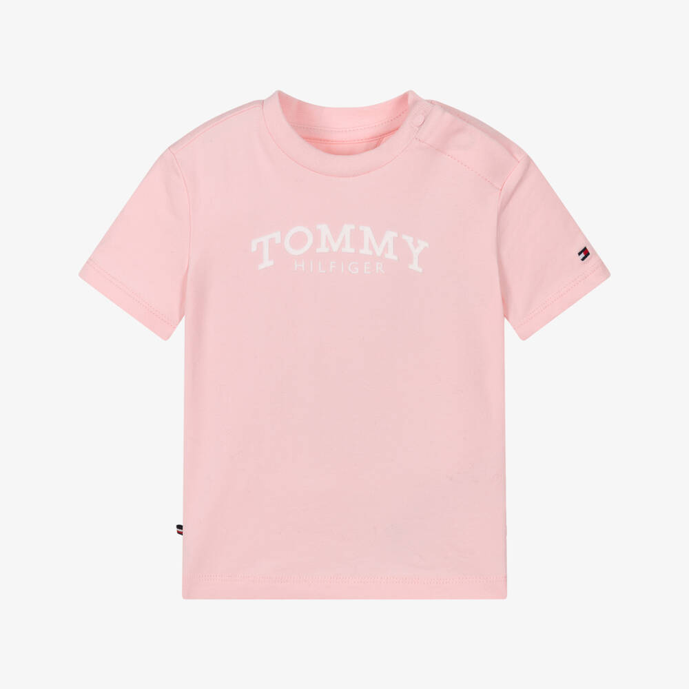 Tommy Hilfiger-Pink Cotton Baby T-Shirt with White Flocked Logo Print | Childrensalon