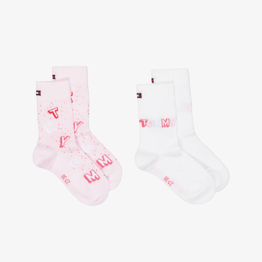 Tommy Hilfiger-Pink & White Knitted Logo Socks (2 Pack) | Childrensalon