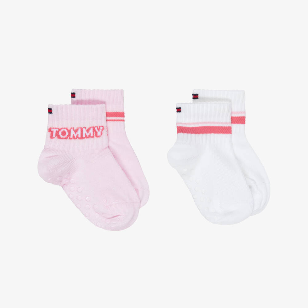 Tommy Hilfiger-Pink & White Logo Baby Socks with Anti-Slip Grips (2 Pack) | Childrensalon