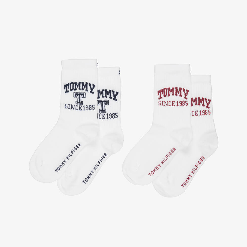 Tommy Hilfiger-White Ankle Socks with Blue & Red Logos (2 Pack) | Childrensalon