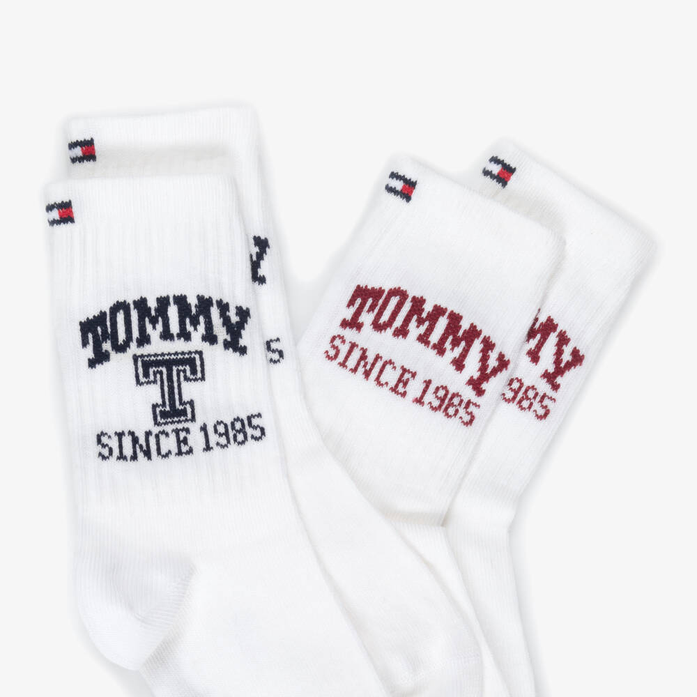 Tommy Hilfiger-White Ankle Socks with Blue & Red Logos (2 Pack) | Childrensalon