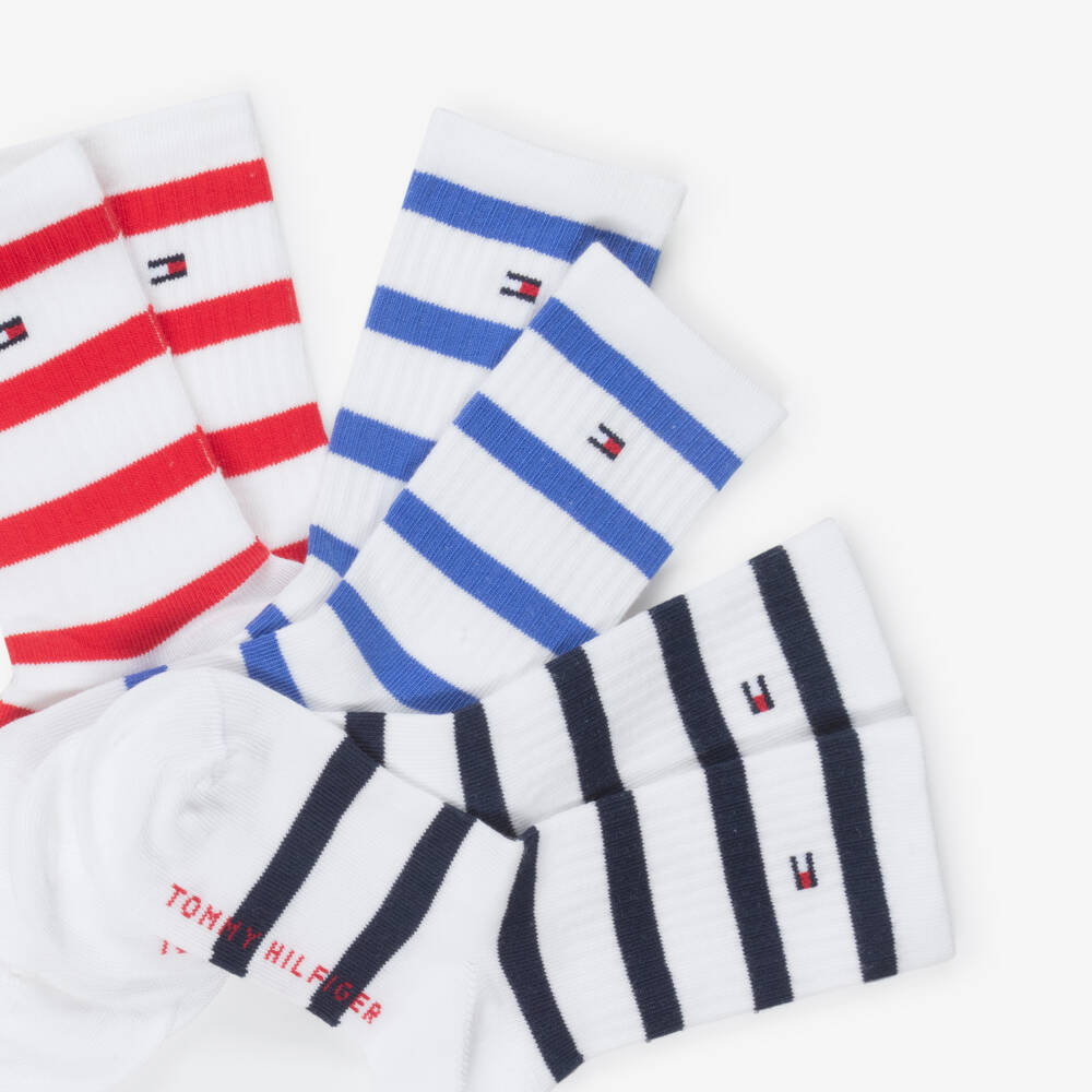 Tommy Hilfiger-White Ankle Socks with Blue & Red Stripes (3 Pack) | Childrensalon