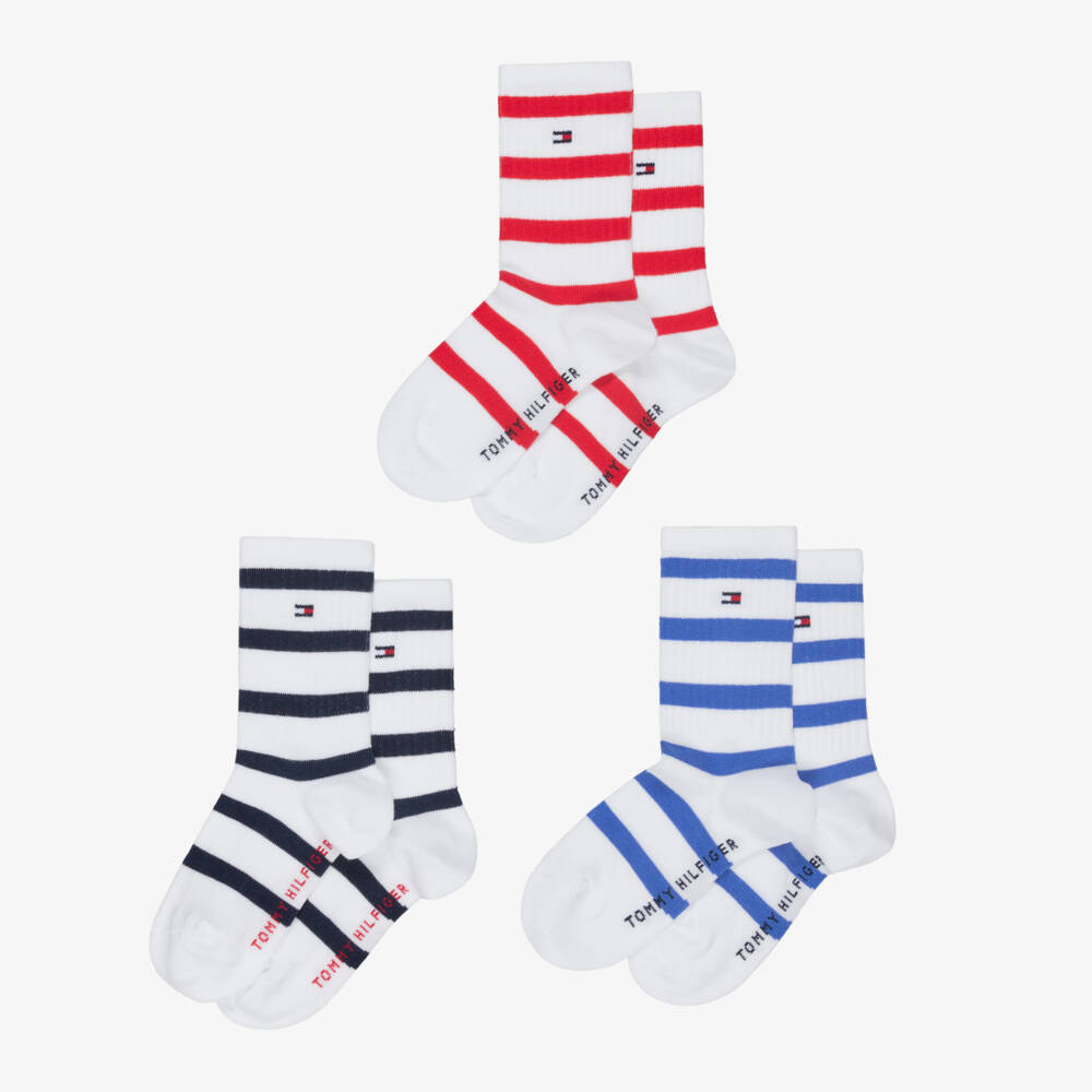 Tommy Hilfiger-White Ankle Socks with Blue & Red Stripes (3 Pack) | Childrensalon