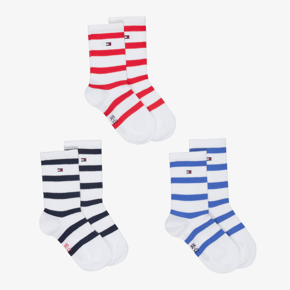 Tommy Hilfiger-White Ankle Socks with Blue & Red Stripes (3 Pack) | Childrensalon