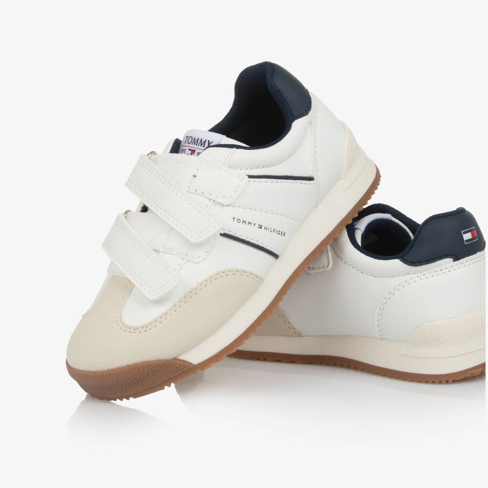 Tommy Hilfiger-White, Beige & Navy Blue Faux Leather Velcro Trainers | Childrensalon