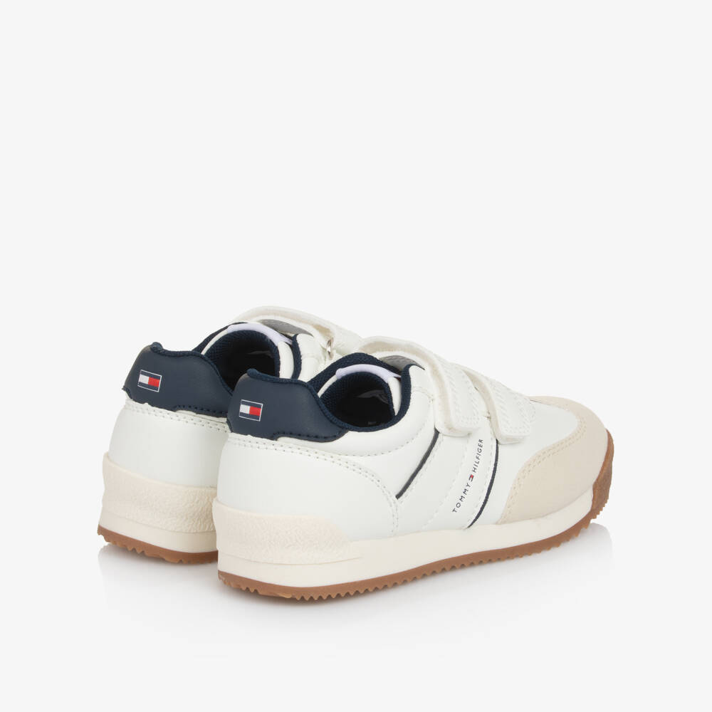 Tommy Hilfiger-White, Beige & Navy Blue Faux Leather Velcro Trainers | Childrensalon
