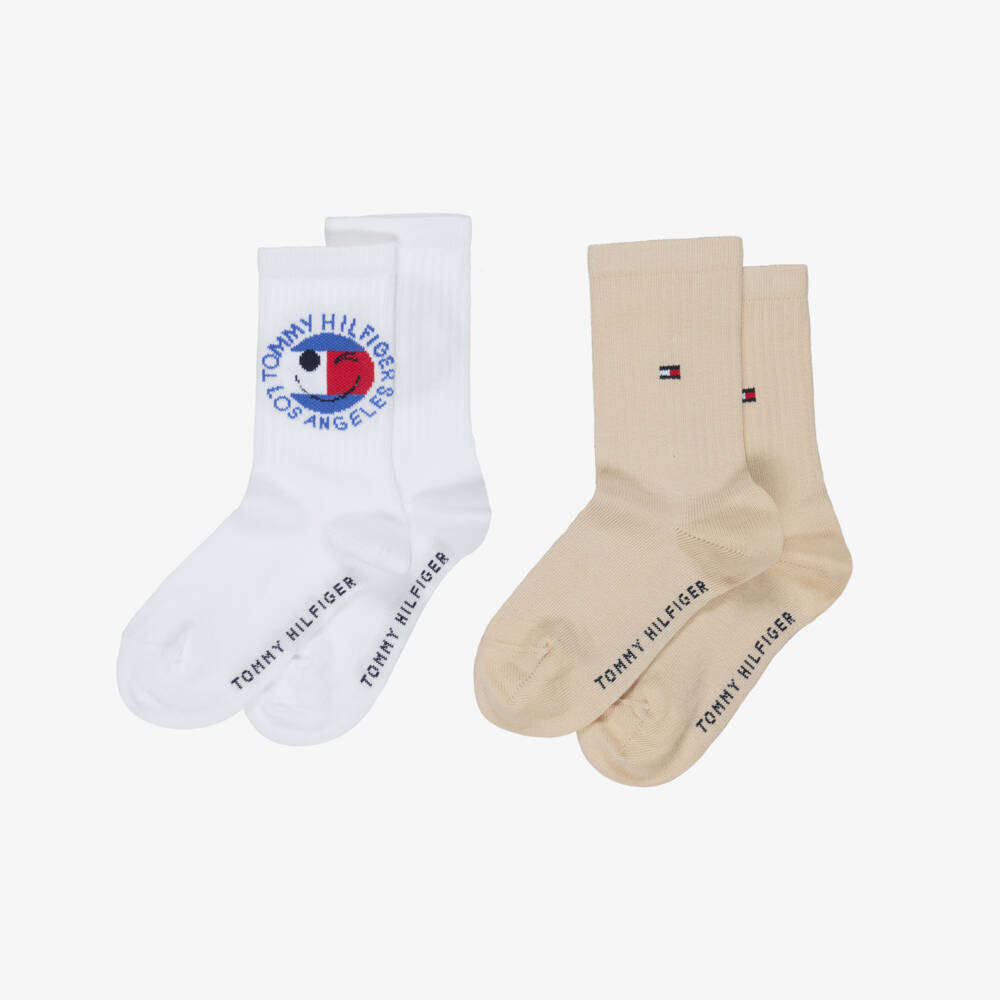 Tommy Hilfiger-White & Beige Smiley Flag Logo Socks | Childrensalon
