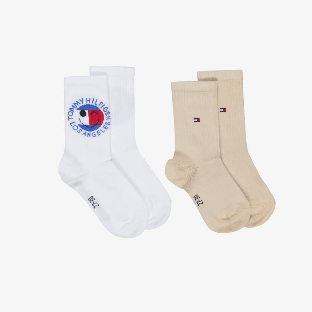 Tommy Hilfiger-White & Beige Smiley Flag Logo Socks | Childrensalon