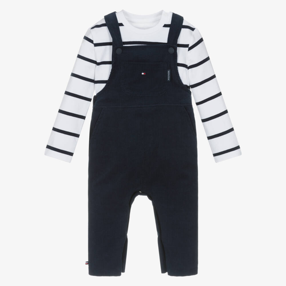 Tommy Hilfiger-White & Blue Cotton Baby Dungaree Set | Childrensalon