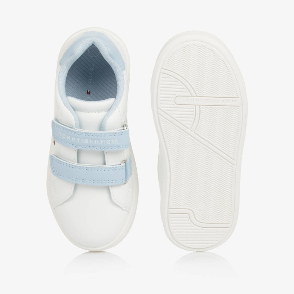 Tommy Hilfiger-White & Blue Faux Leather Double Velcro Trainers | Childrensalon
