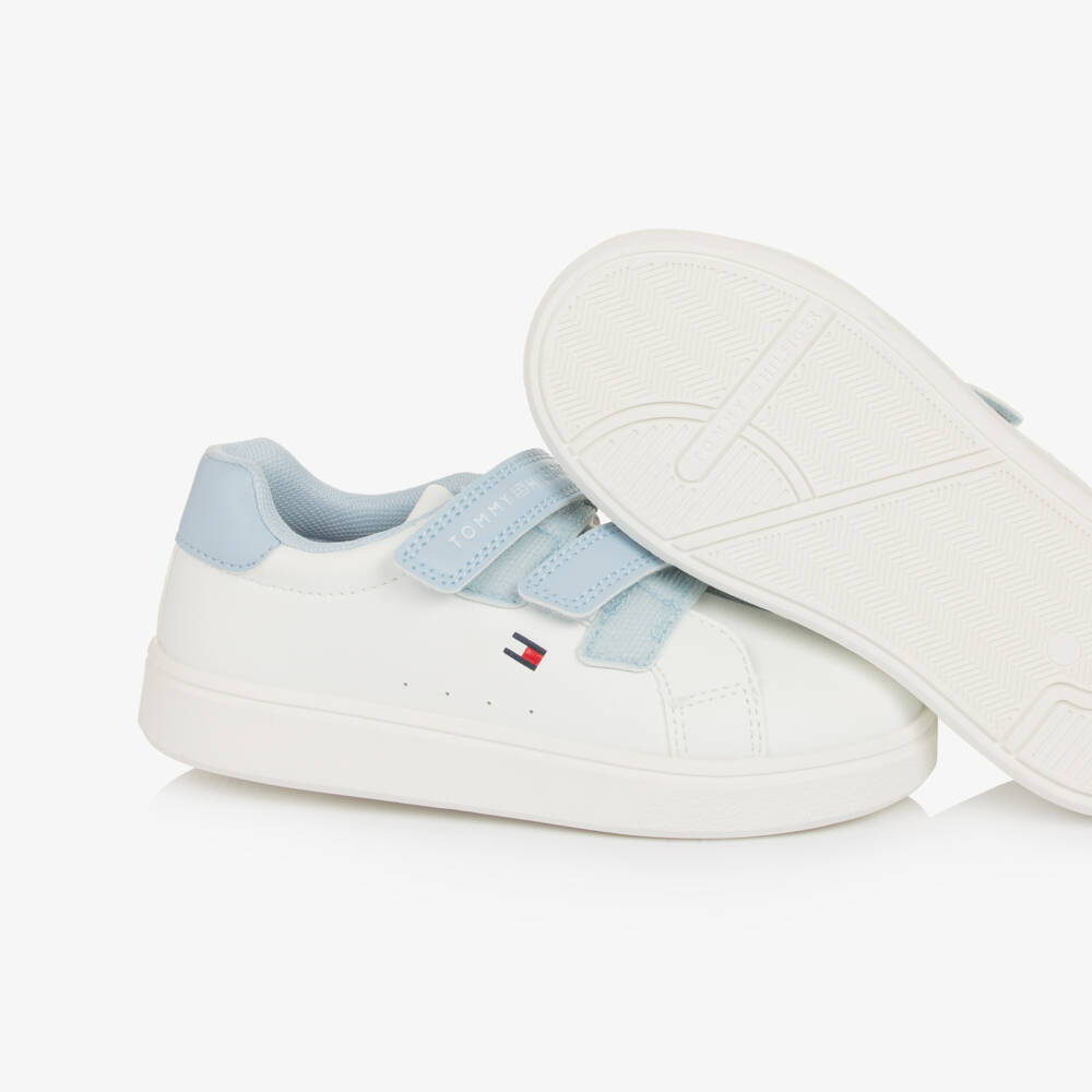 Tommy Hilfiger-White & Blue Faux Leather Double Velcro Trainers | Childrensalon