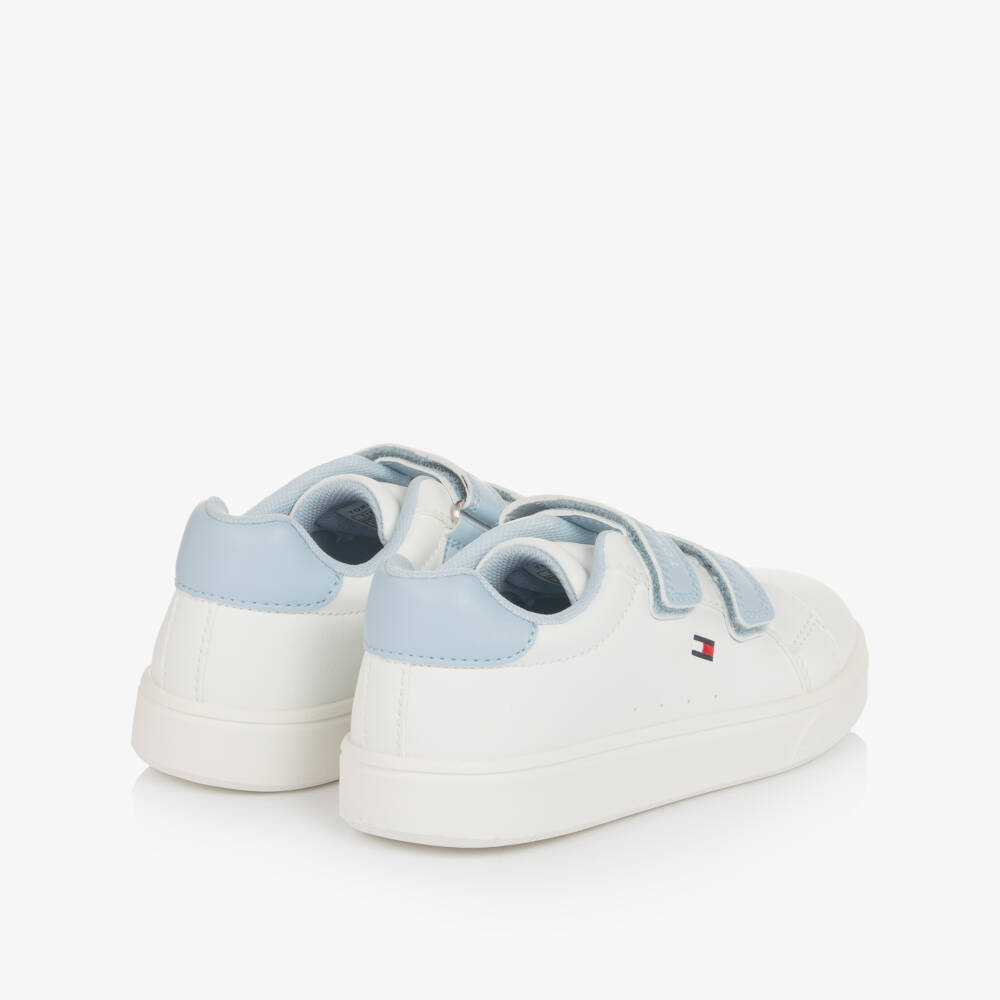 Tommy Hilfiger-White & Blue Faux Leather Double Velcro Trainers | Childrensalon