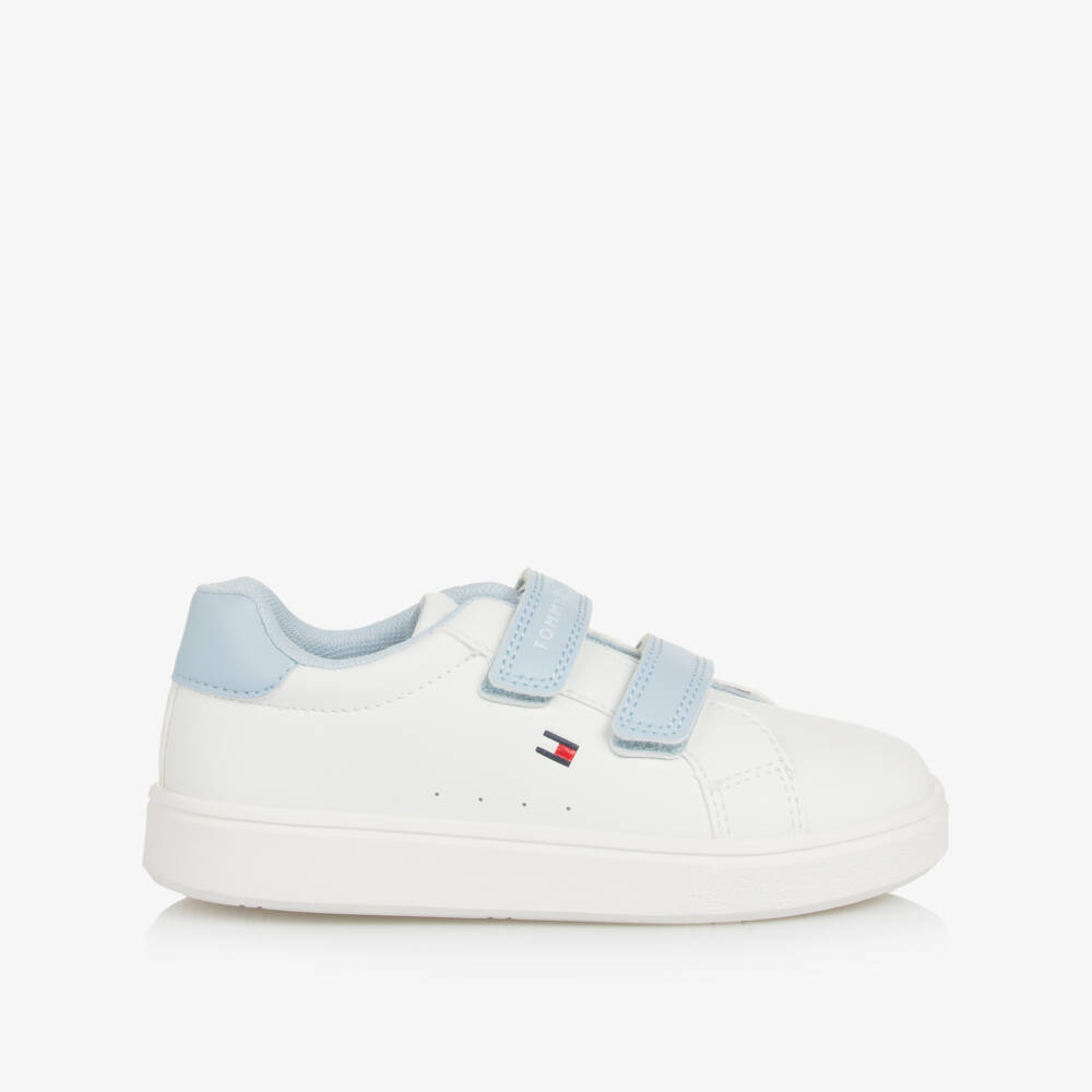 Tommy Hilfiger-White & Blue Faux Leather Double Velcro Trainers | Childrensalon