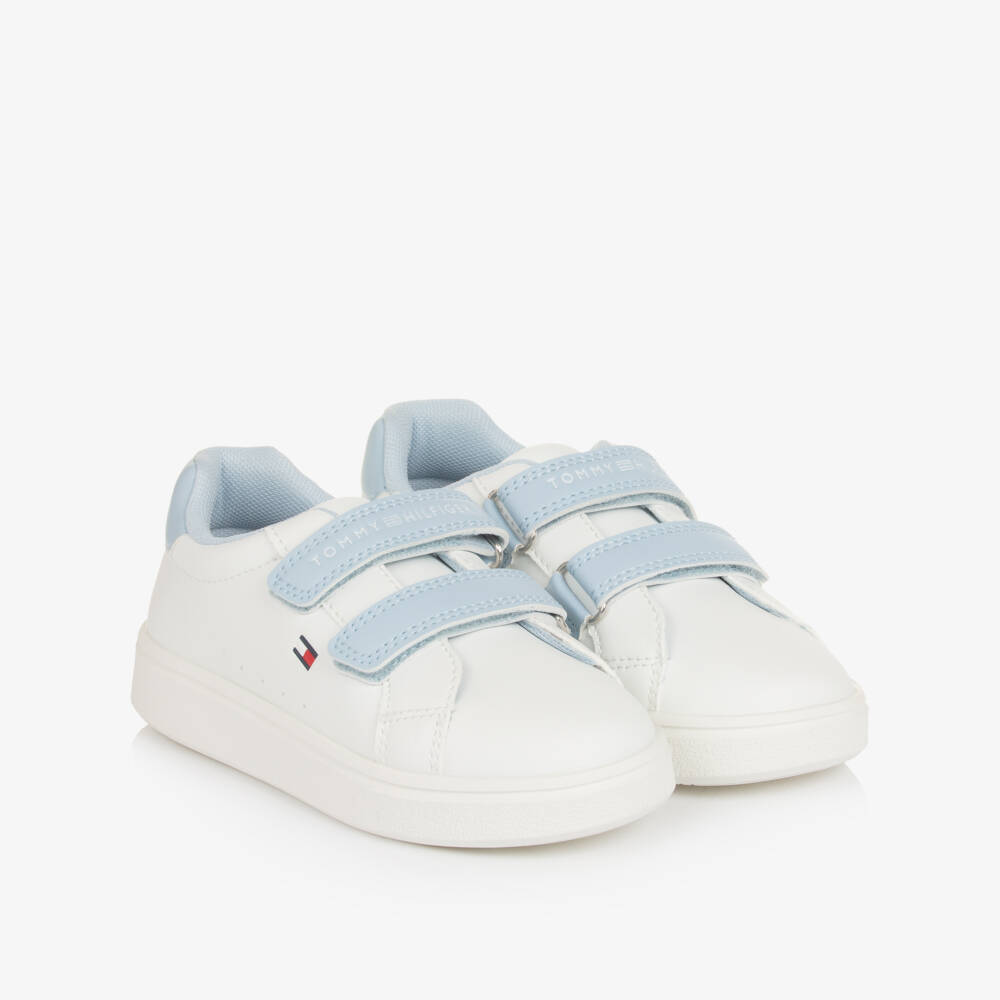 Tommy Hilfiger-White & Blue Faux Leather Double Velcro Trainers | Childrensalon