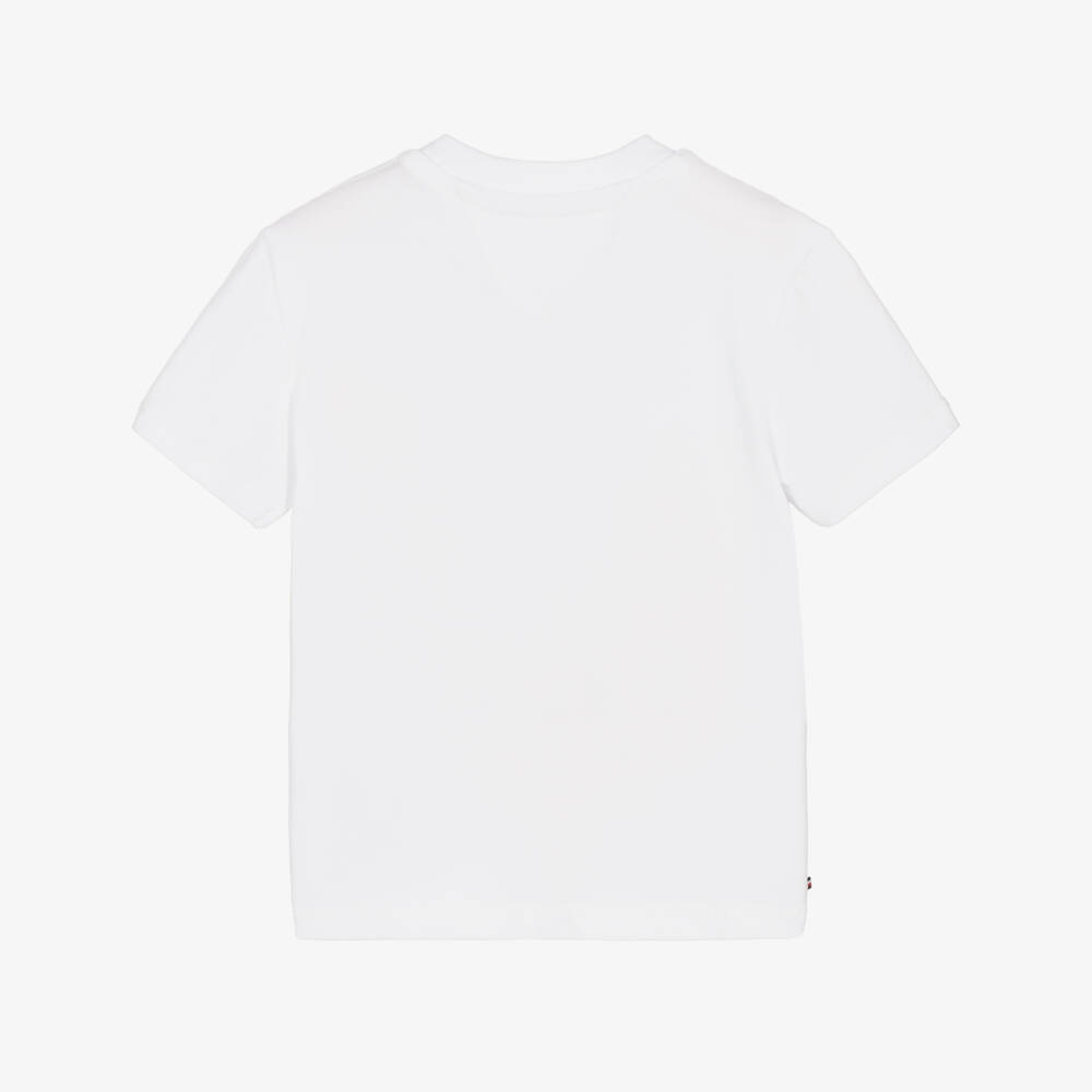 Tommy Hilfiger-White Cotton Baby T-Shirt with Blue Flocked Logo Print | Childrensalon