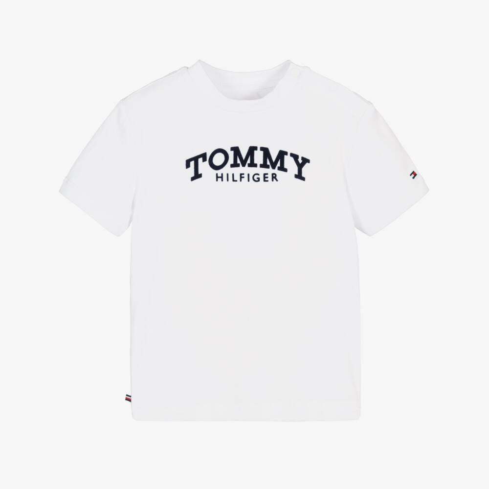 Tommy Hilfiger-White Cotton Baby T-Shirt with Blue Flocked Logo Print | Childrensalon
