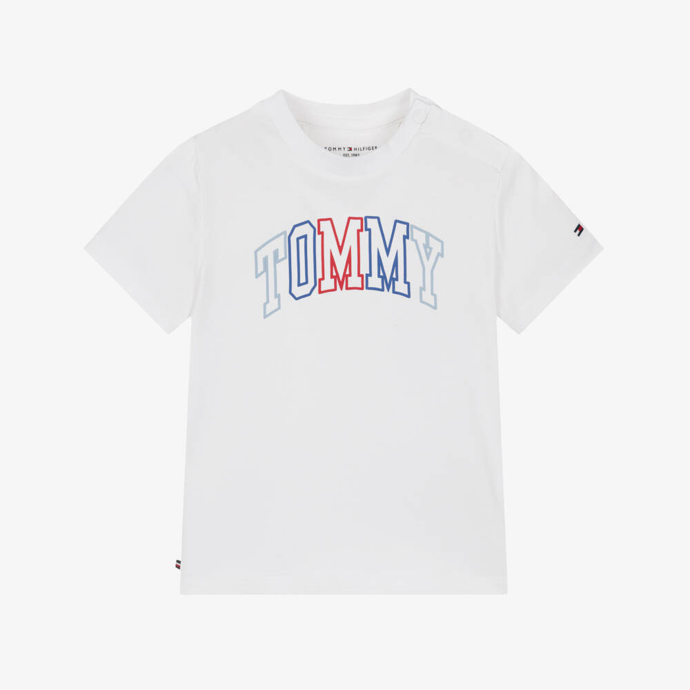 Tommy Hilfiger-White Cotton Baby T-Shirt with Varsity Logo | Childrensalon