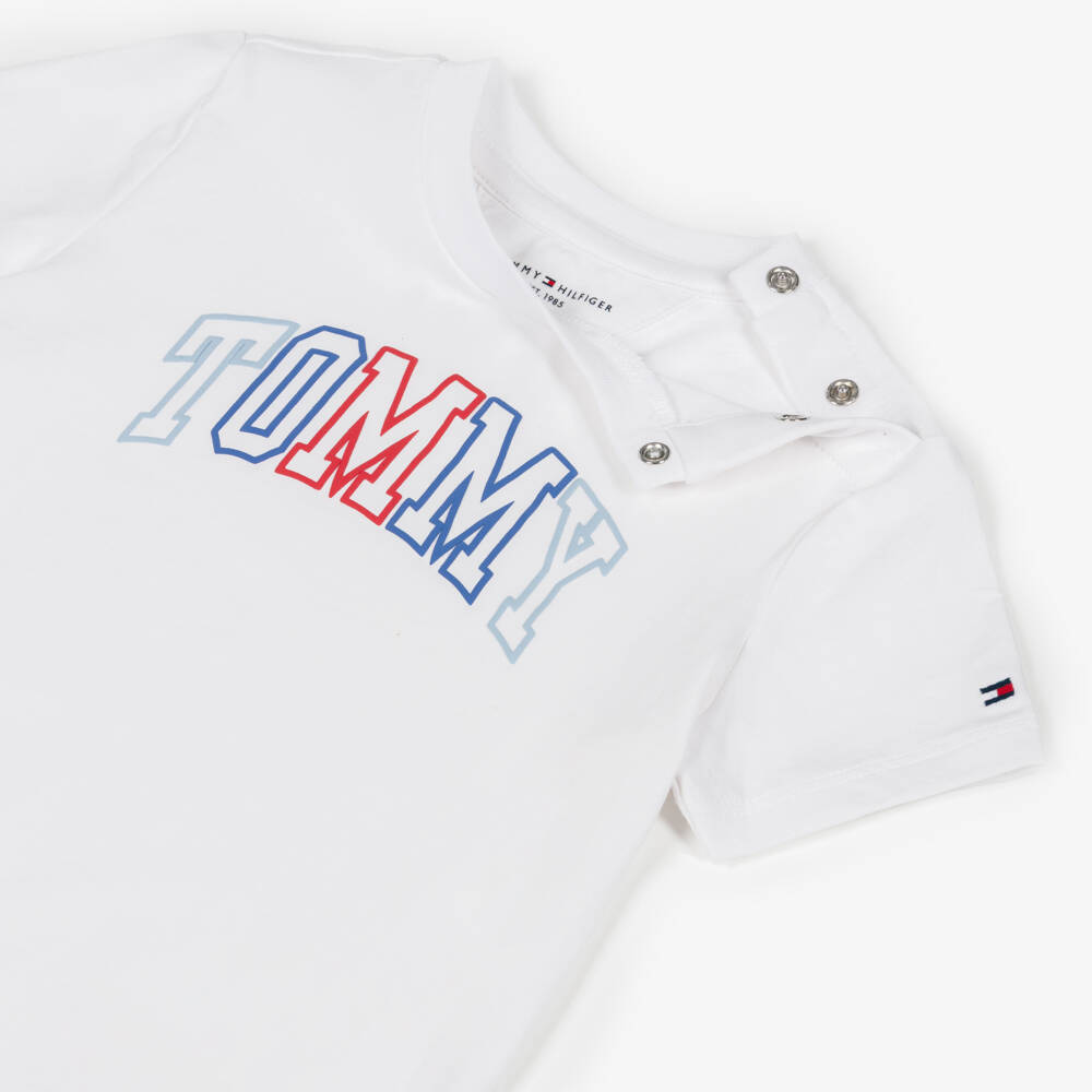 Tommy Hilfiger-White Cotton Baby T-Shirt with Varsity Logo | Childrensalon