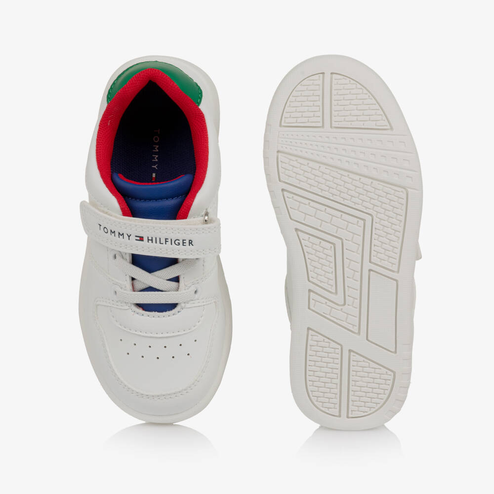 Tommy Hilfiger-White Faux Leather Trainers with Coloured Trims | Childrensalon