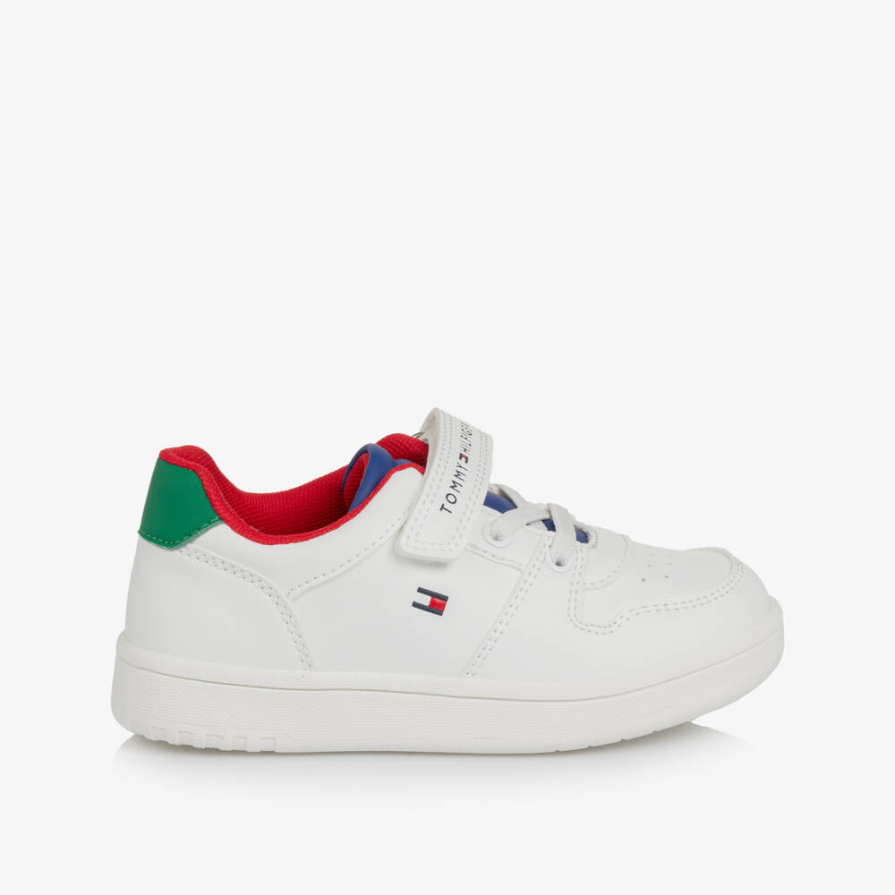 Tommy Hilfiger-White Faux Leather Trainers with Coloured Trims | Childrensalon