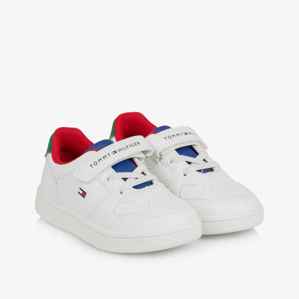 Tommy Hilfiger-White Faux Leather Trainers with Coloured Trims | Childrensalon
