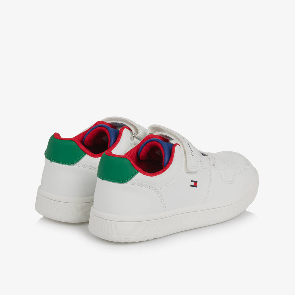 Tommy Hilfiger-White Faux Leather Trainers with Coloured Trims | Childrensalon