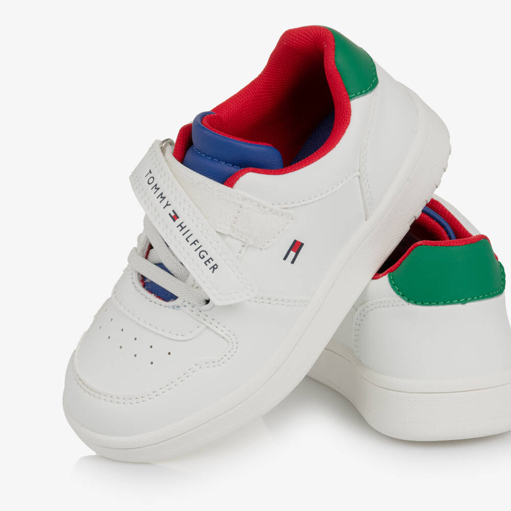 Tommy Hilfiger-White Faux Leather Trainers with Coloured Trims | Childrensalon