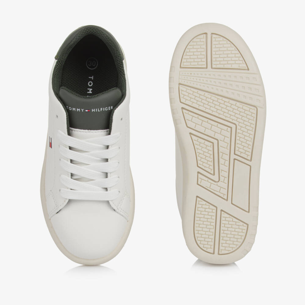Tommy Hilfiger-White & Khaki Green Faux Leather Lace-Up Trainers | Childrensalon