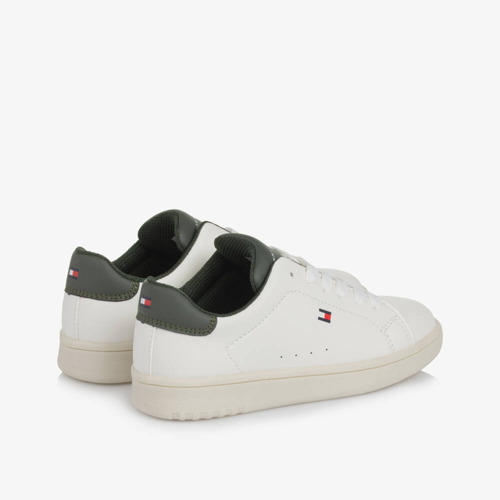Tommy Hilfiger-White & Khaki Green Faux Leather Lace-Up Trainers | Childrensalon