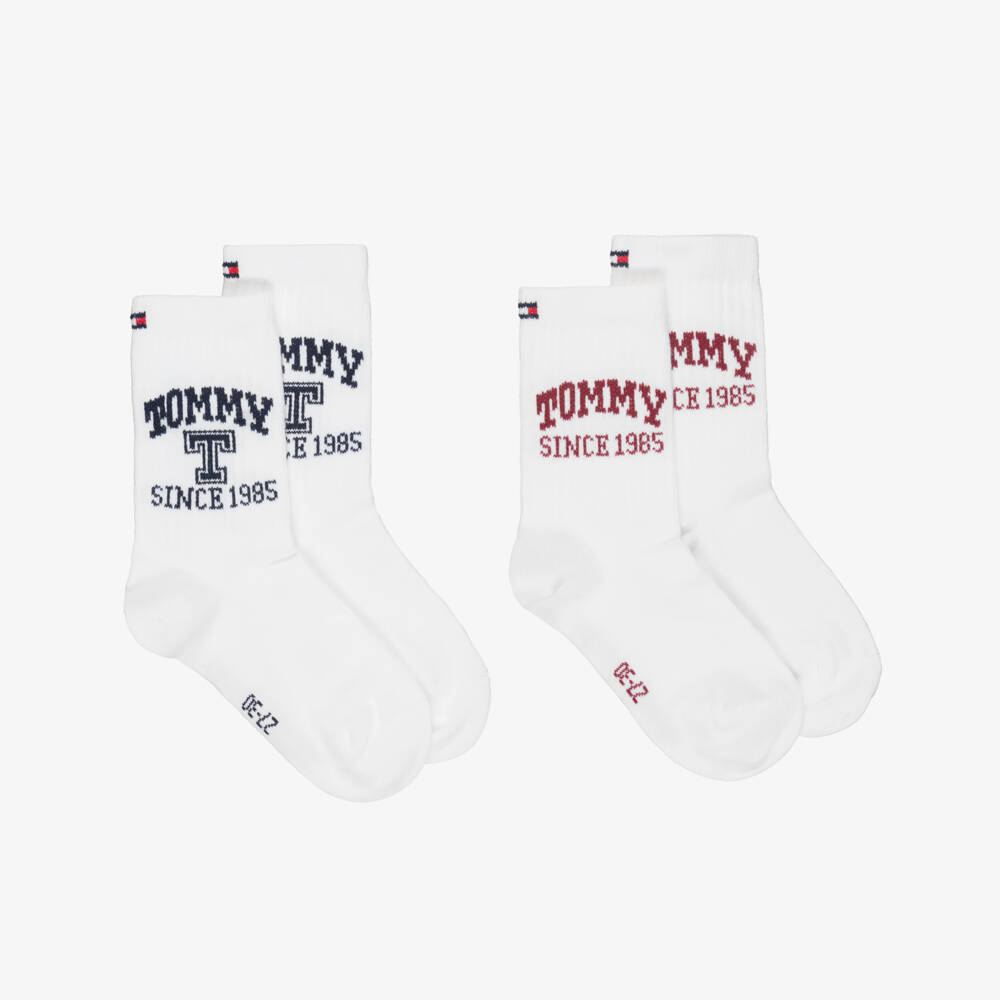 Tommy Hilfiger-White Knitted Ankle Socks with Blue & Red Logos | Childrensalon