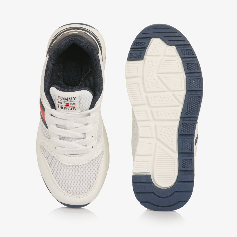 Tommy Hilfiger-White Mesh Trainers with Navy Blue Trims | Childrensalon