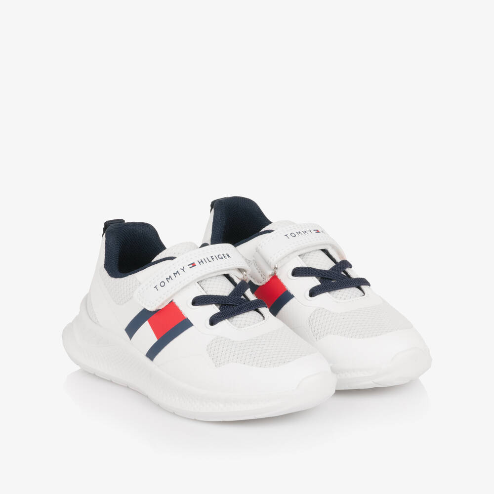 Tommy Hilfiger-White Mesh Velcro Trainers with Flag Logo | Childrensalon