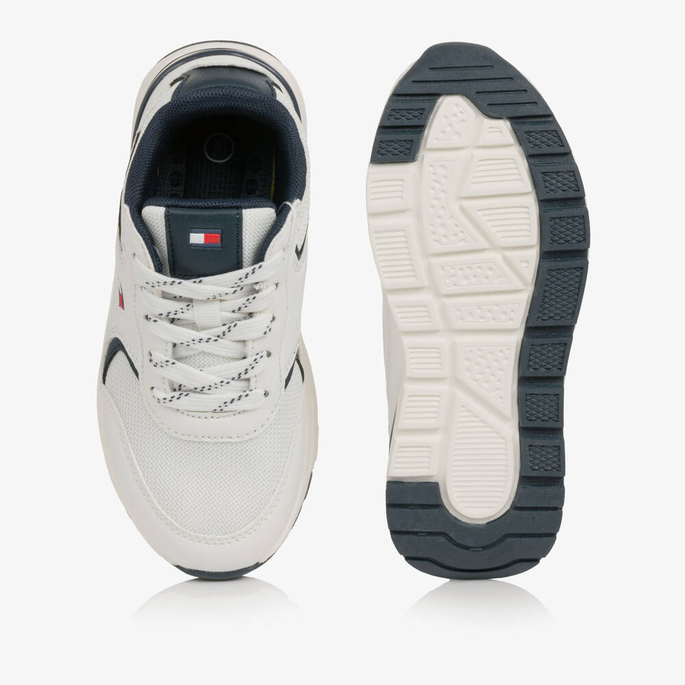 Tommy Hilfiger-White & Navy Blue Lace-Up Trainers | Childrensalon