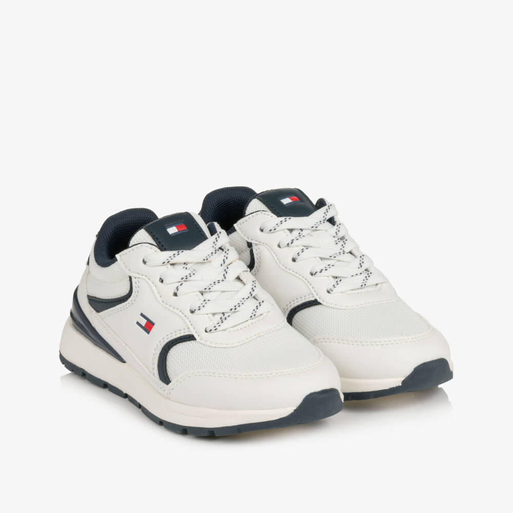 Tommy Hilfiger-White & Navy Blue Lace-Up Trainers | Childrensalon