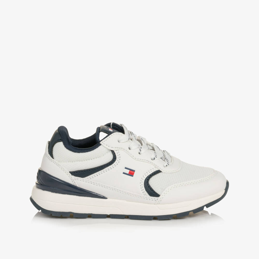 Tommy Hilfiger-White & Navy Blue Lace-Up Trainers | Childrensalon
