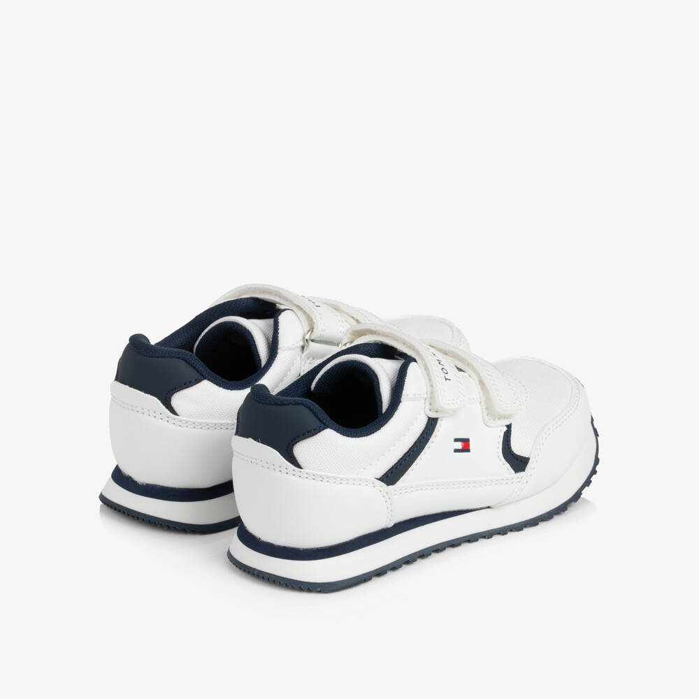 Tommy Hilfiger-White & Navy Faux Leather Velcro Trainers | Childrensalon