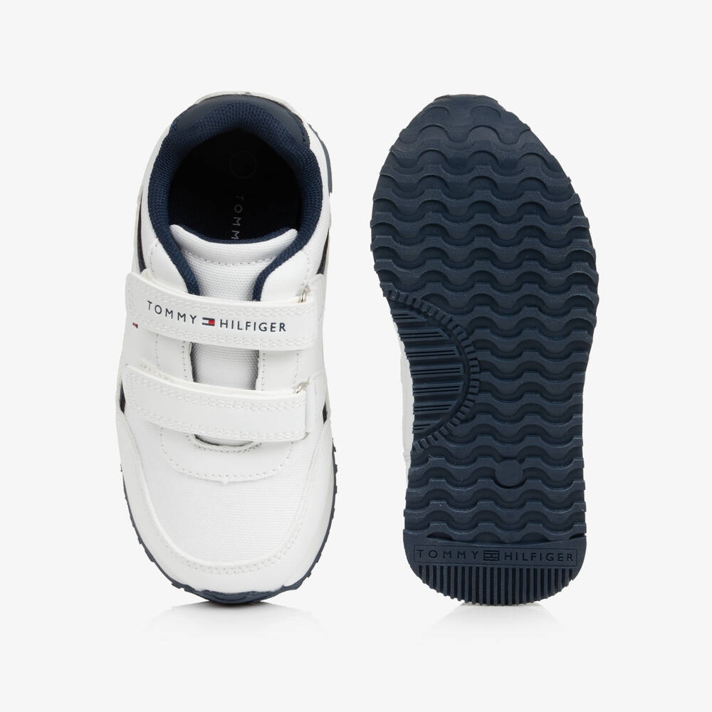 Tommy Hilfiger-White & Navy Faux Leather Velcro Trainers | Childrensalon