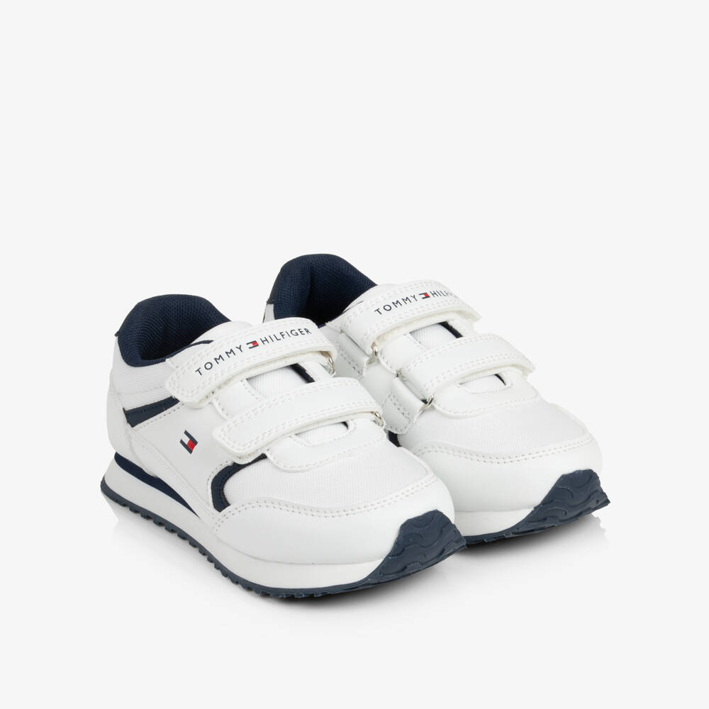 Tommy Hilfiger-White & Navy Faux Leather Velcro Trainers | Childrensalon