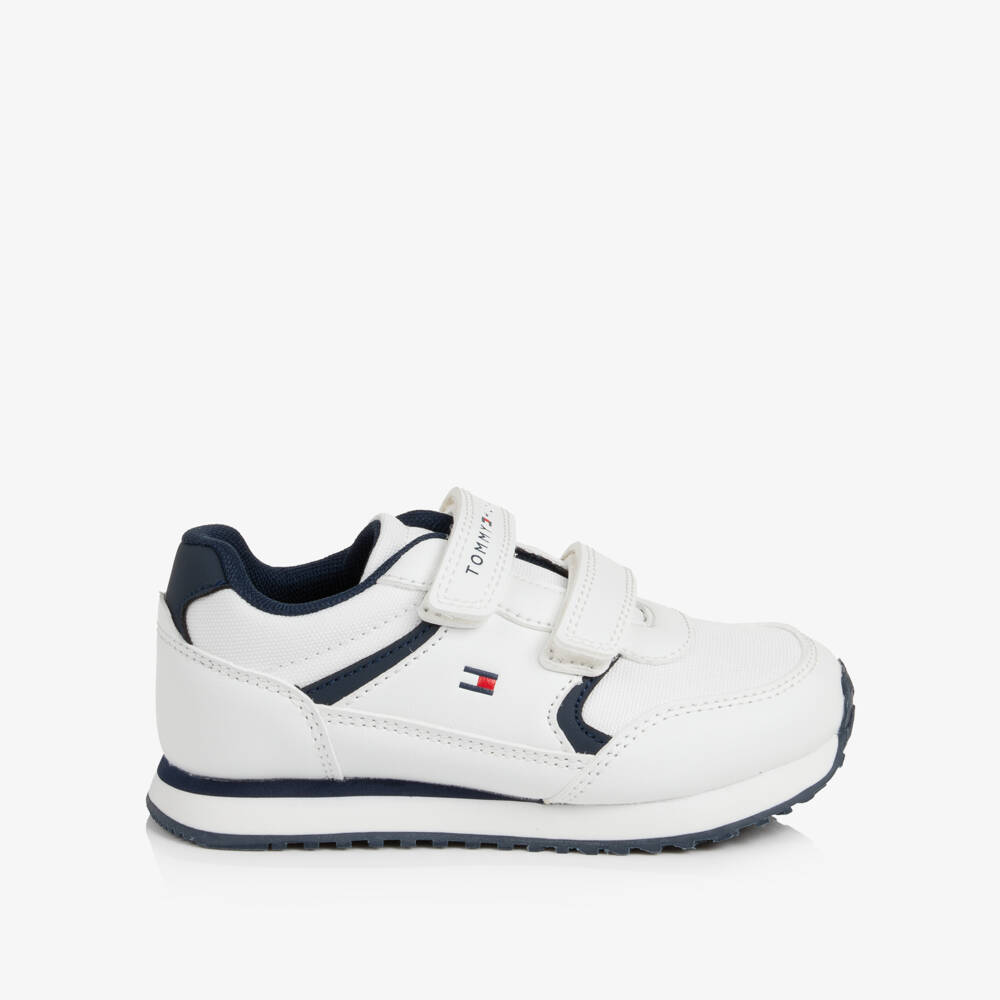 Tommy Hilfiger-White & Navy Faux Leather Velcro Trainers | Childrensalon