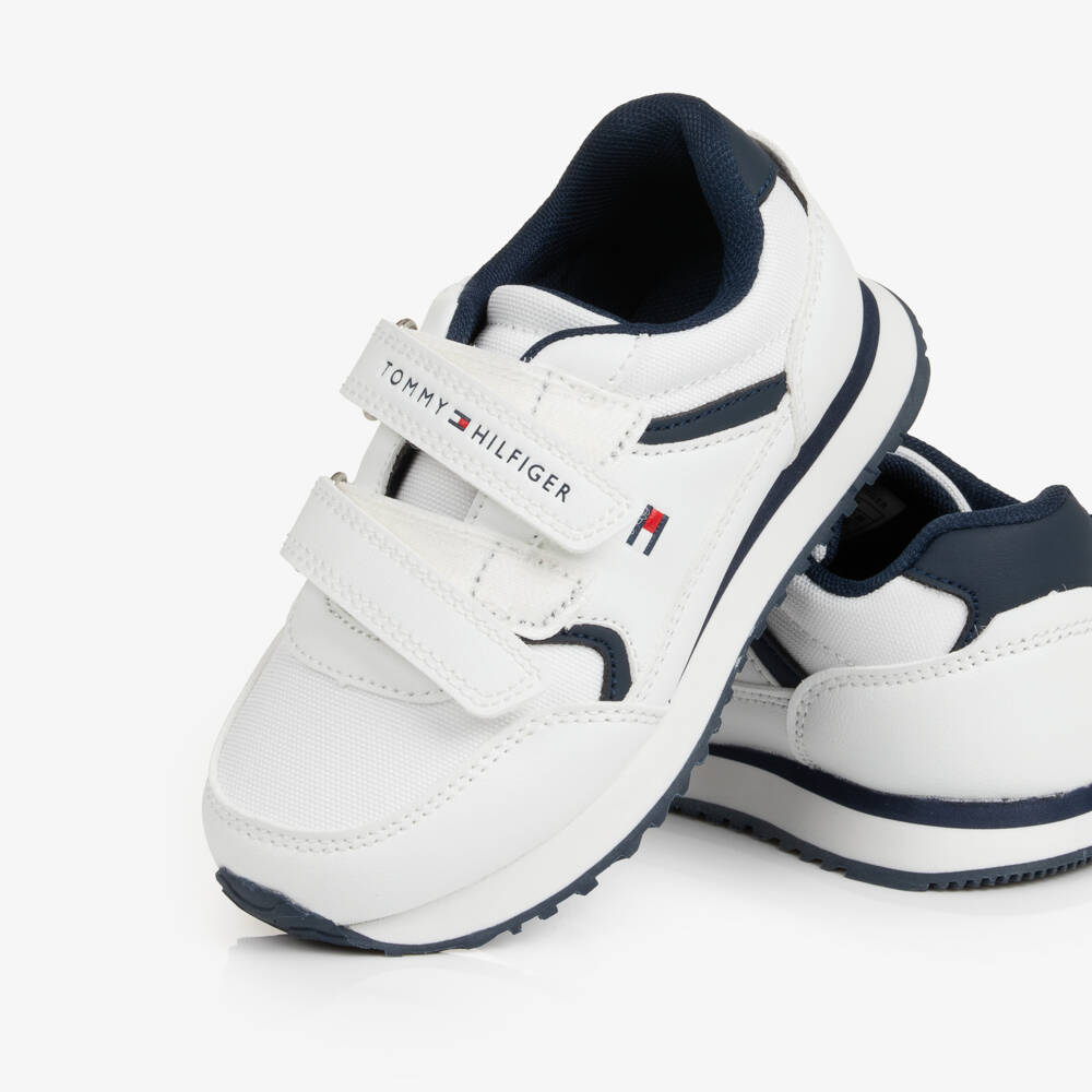 Tommy Hilfiger-White & Navy Faux Leather Velcro Trainers | Childrensalon
