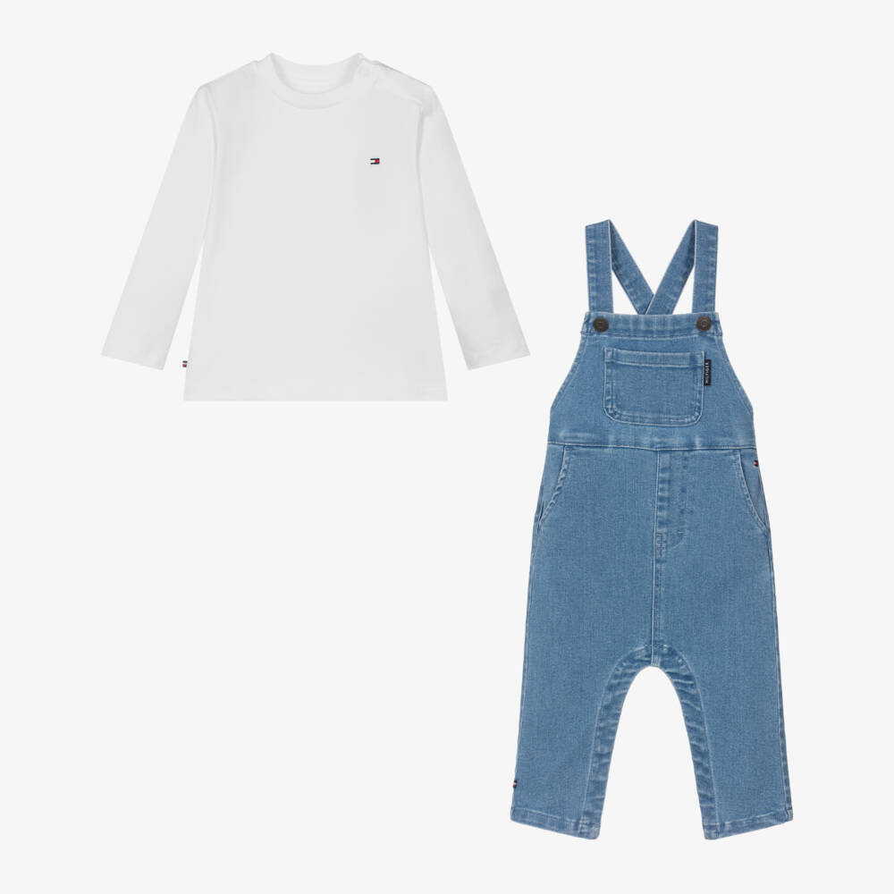 Tommy Hilfiger-White Top & Blue Denim Dungaree Set | Childrensalon